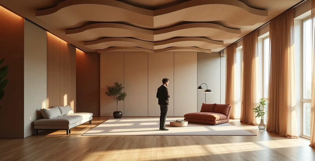 Moderne deutsche Neubauwohnung mit Akustiklösungen wie Deckensegeln und schallabsorbierenden Elementen