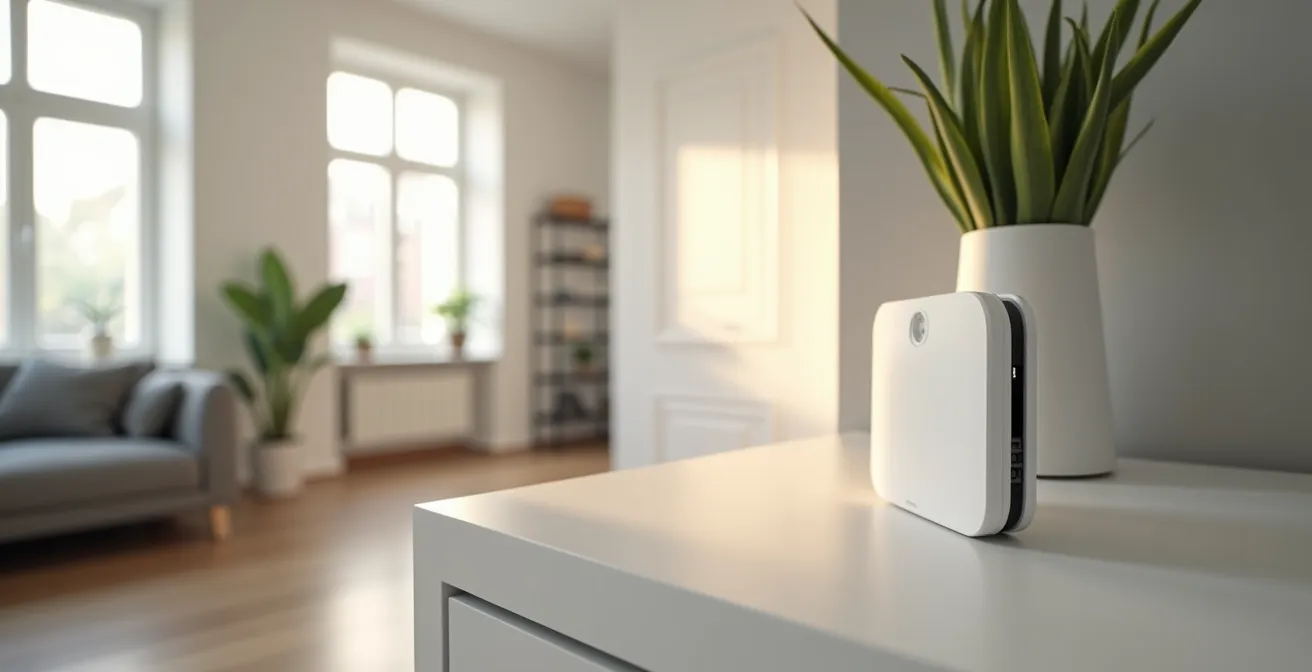 Smart Home Steuerungszentrale mit Sensoren und Timer-Symbolen statt Mikrofon