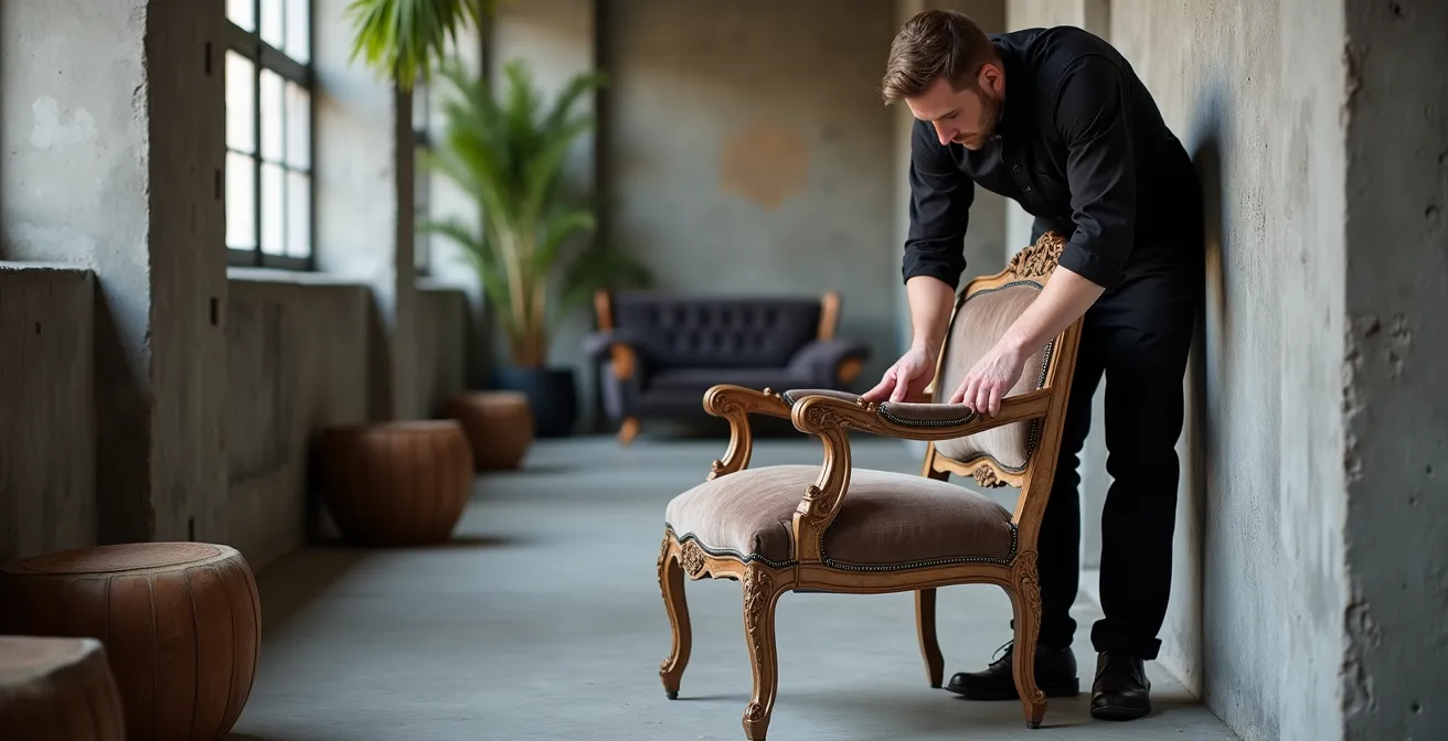 Harmonische Integration eines Barock-Sessels in modernem Loft-Ambiente