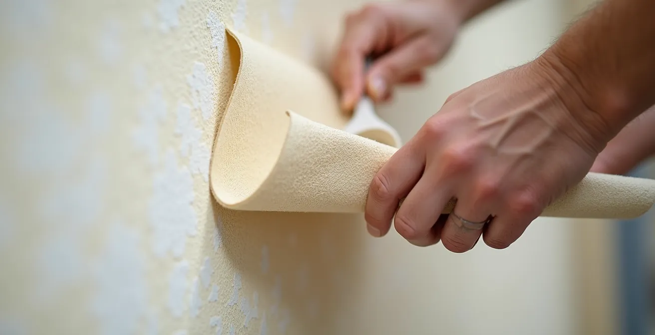 Nahaufnahme der professionellen Wandklebetechnik beim Tapezieren