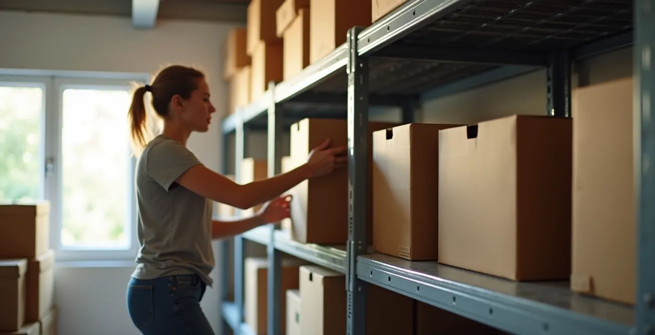 Seitliche Ansicht einer Person beim ergonomischen Einlagern in Kellerregalen