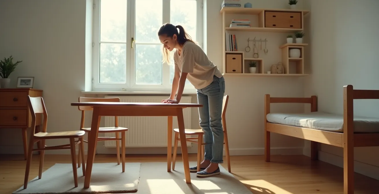 Übersichtliche Darstellung einer budgetfreundlichen Ersteinrichtung mit IKEA-Möbeln und Flohmarktfunden