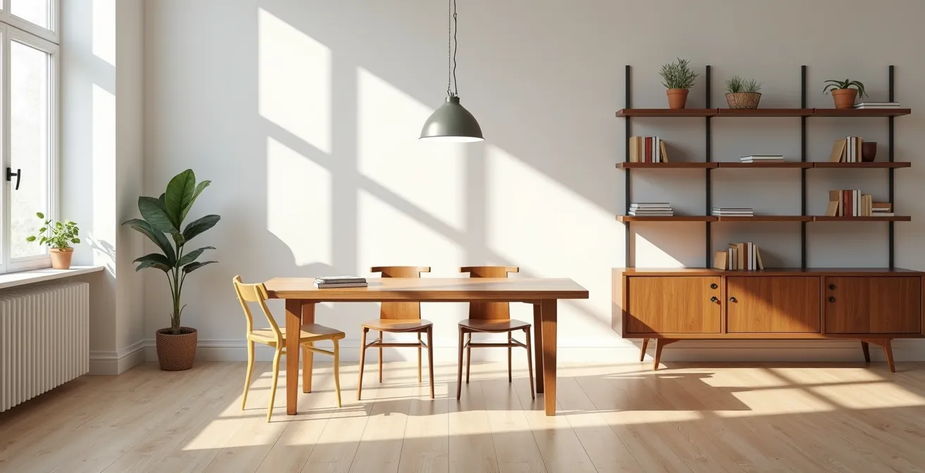 Harmonisch kombinierte Holzmöbel verschiedener deutscher Hölzer im Wohnraum, die eine ruhige Atmosphäre schaffen