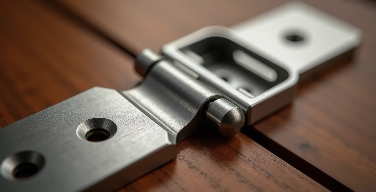 Makroaufnahme eines hochwertigen soft-close-scharniers aus stahl, das präzise mechanik zeigt