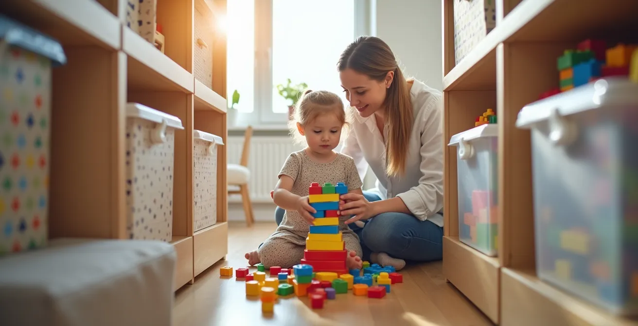 Modulares Aufbewahrungssystem für Kinderspielzeug mit transparenten und geschlossenen Boxen