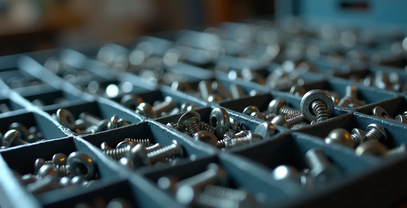 Nahaufnahme eines organisierten Kleinteilemagazins mit Schrauben und Muttern