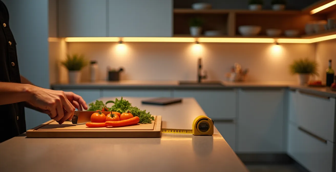 Deutsche Küche mit optimal platzierten LED-Spots unter Hängeschränken für schattenfreies Arbeiten