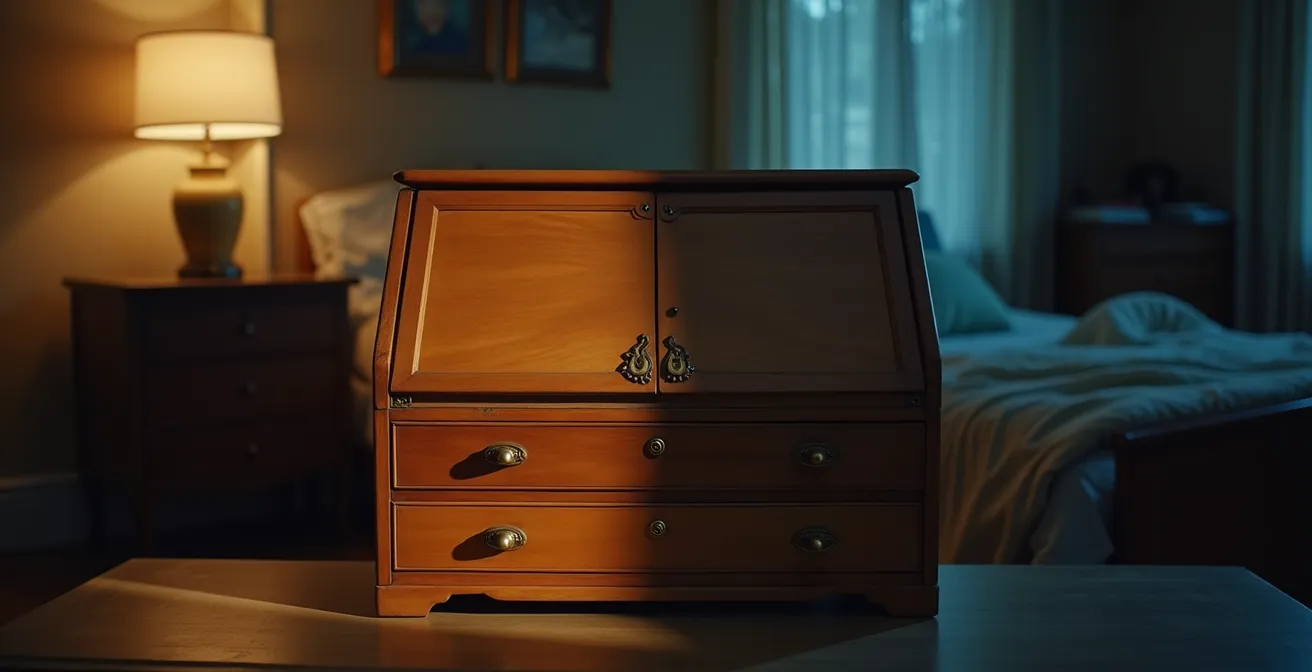 Klappbarer Sekretär als Raumtrenner zwischen Arbeits- und Schlafbereich