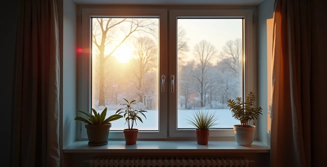 Typisches deutsches Stoßlüften im Winter mit weit geöffnetem Fenster