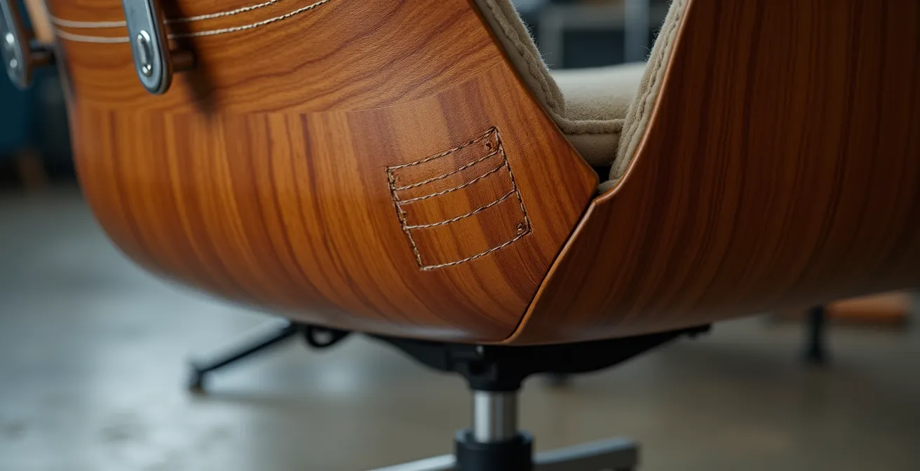 Makroaufnahme der Vitra Prägung unter der Eames Chair Sitzschale