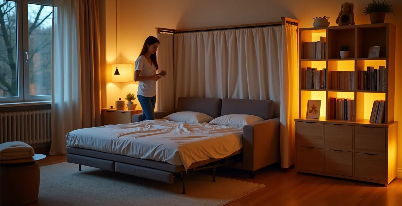 Elegante raumteilung mit modularem regalsystem und schlafsofa in einer wohnung am abend