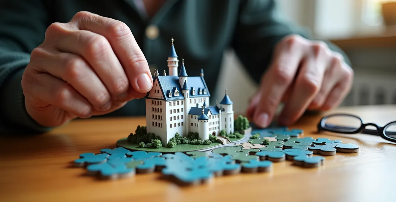 Seniorenhände beim Zusammenbau eines 3D-Puzzles von Schloss Neuschwanstein