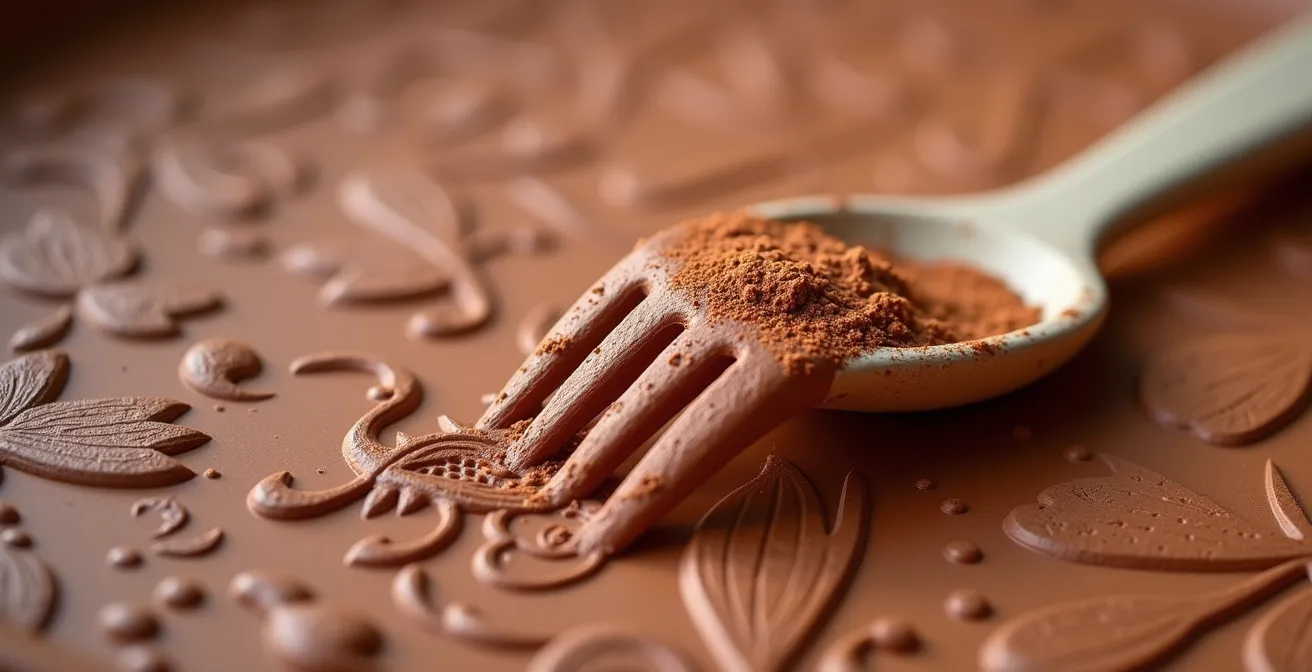 Makroaufnahme einer Tonoberfläche, die mit den Zinken einer Gabel und anderen Alltagsgegenständen kunstvoll texturiert wurde.