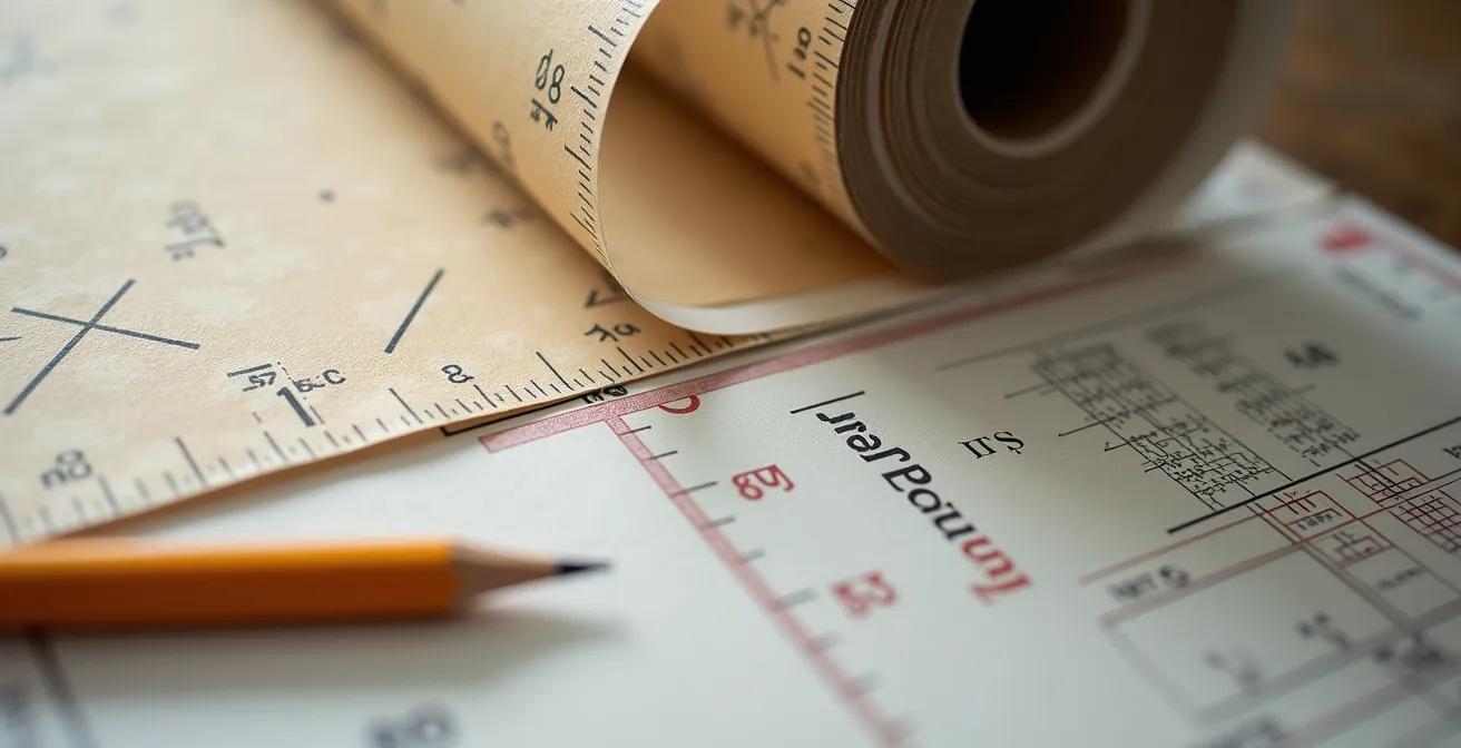 Detailaufnahme von Tapetenrollen mit sichtbarem Rapport-Muster und Maßband zur Verschnittberechnung