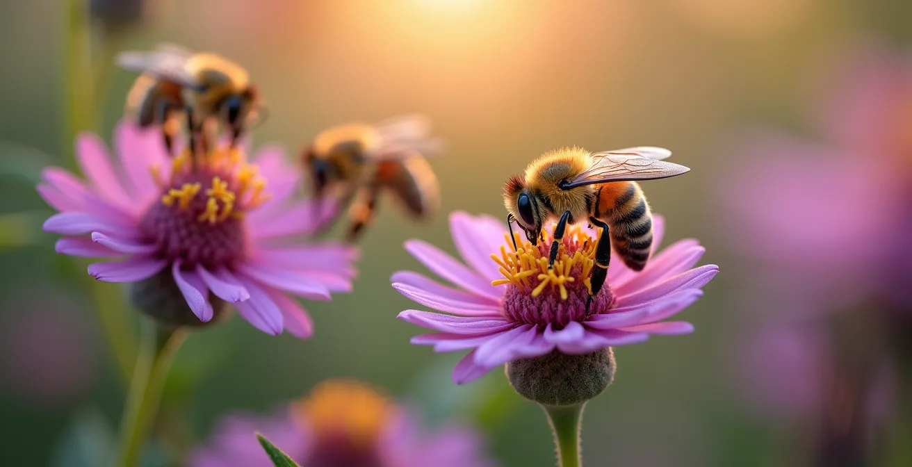 Blühende heimische Wildstauden mit Bienen und Schmetterlingen in einem naturnahen Garten