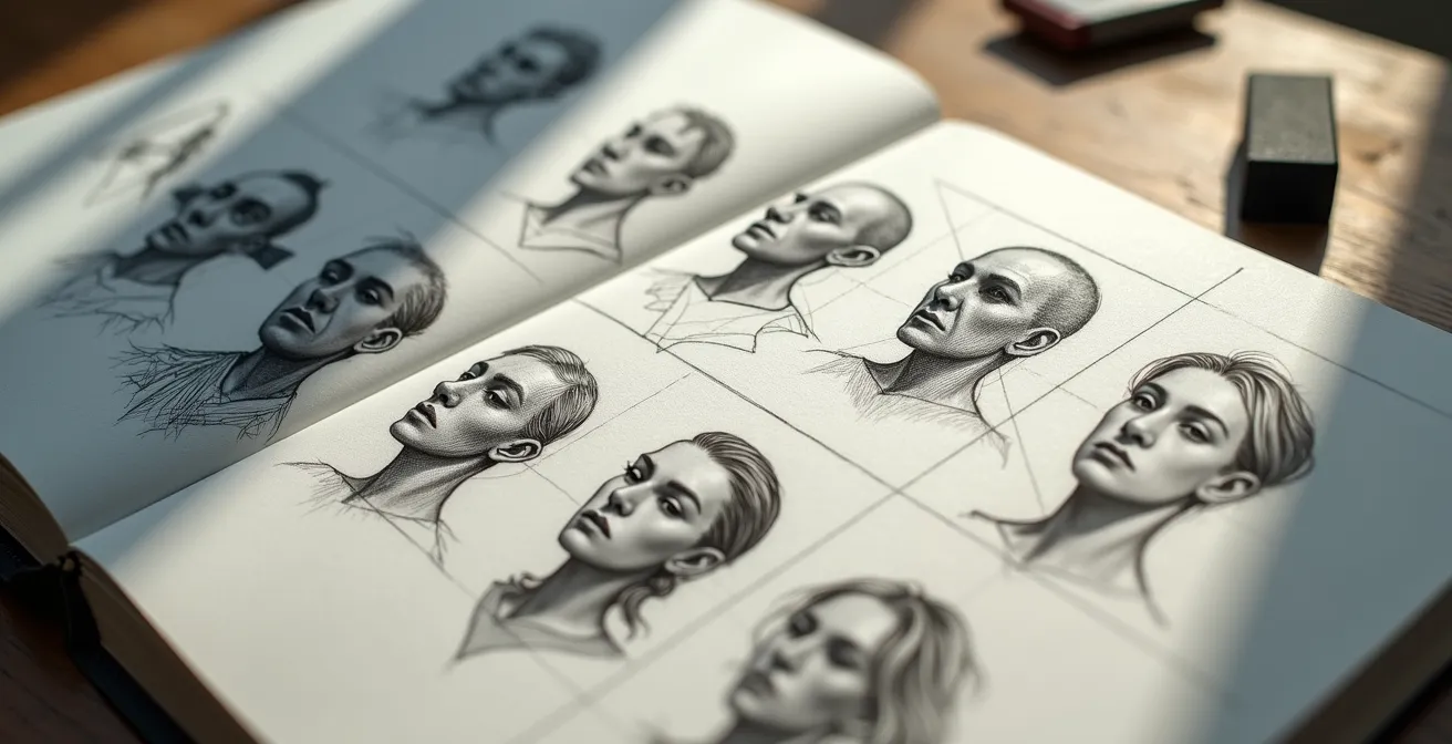 Nahaufnahme eines Skizzenbuchs mit verschiedenen Charakterköpfen, die systematische Variationen von Gesichtsmerkmalen zeigen