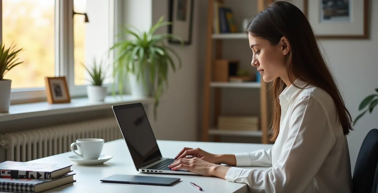 Person arbeitet konzentriert am Laptop in ruhiger Umgebung und baut digital Kontakte auf