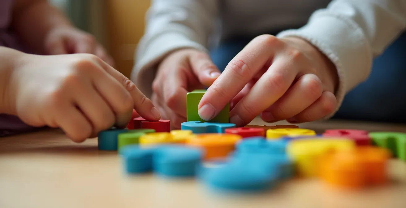 Mutter und Kind schauen gemeinsam auf bunte Zahlenblöcke, positive Lernatmosphäre