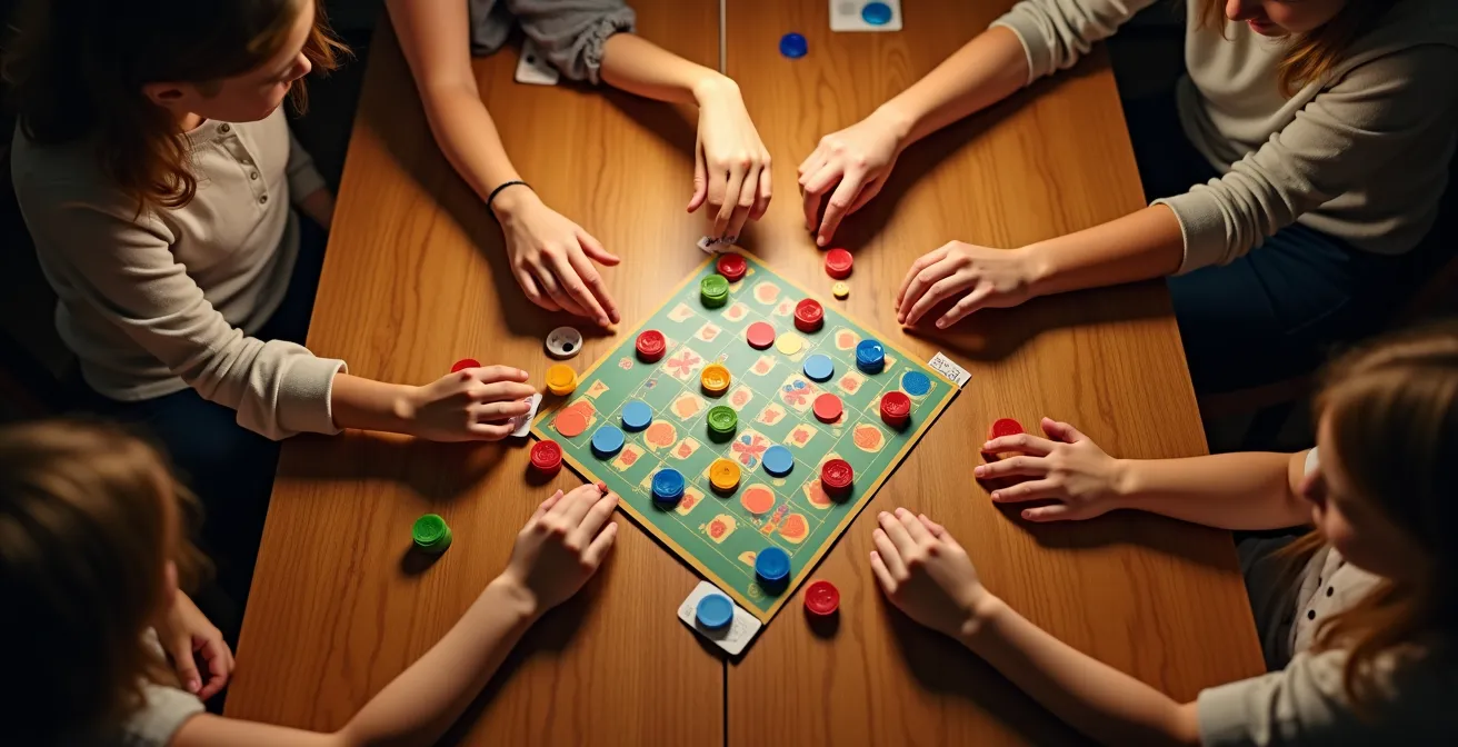 Familie spielt gemeinsam Brettspiel am Wohnzimmertisch