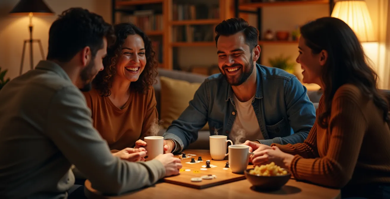 Gruppe von Freunden bei einem analogen Spieleabend im gemütlichen Wohnzimmer, die lachen und interagieren.