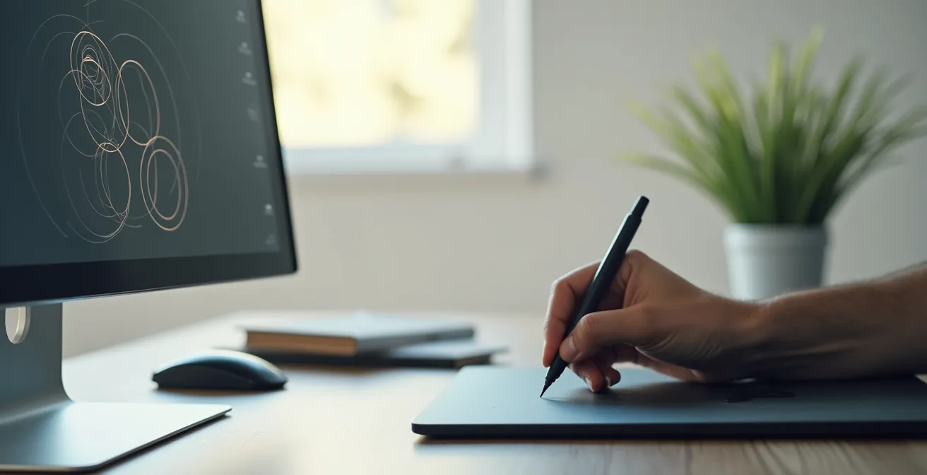 Künstlerhand zeichnet auf einem Grafiktablett, während der Blick auf den Bildschirm mit Proportionsrichtlinien gerichtet ist