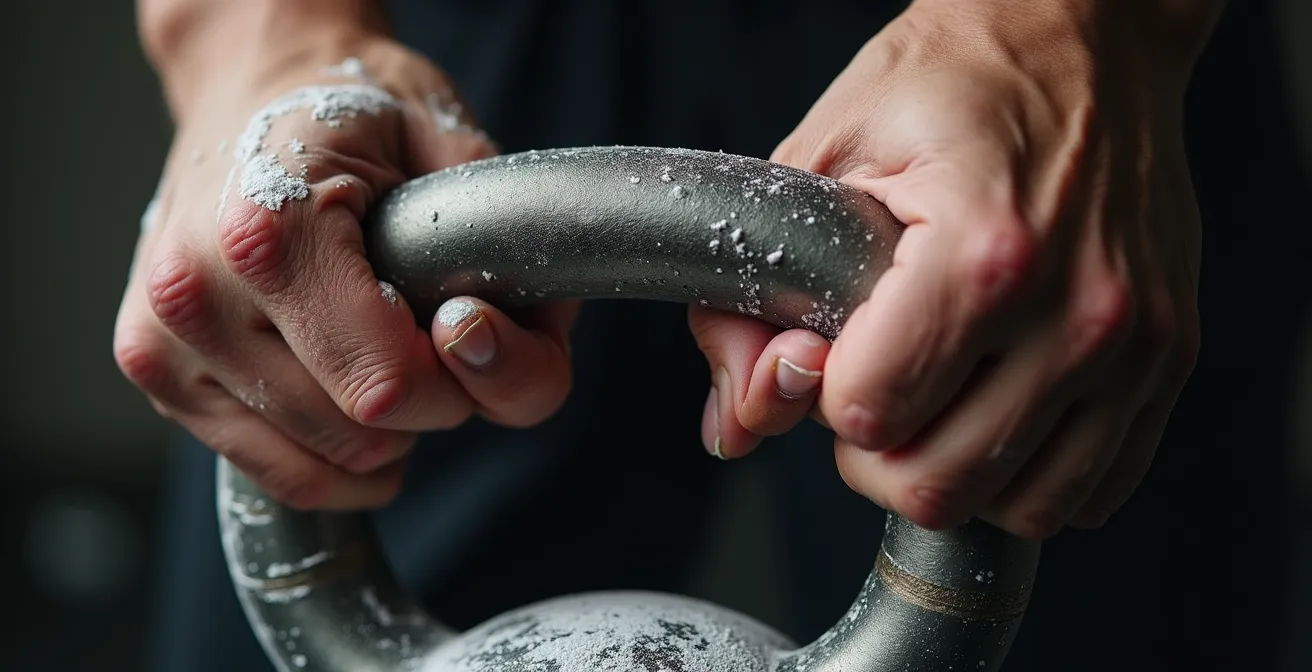 Detailaufnahme der korrekten Hook-Grip-Technik bei der Kettlebell