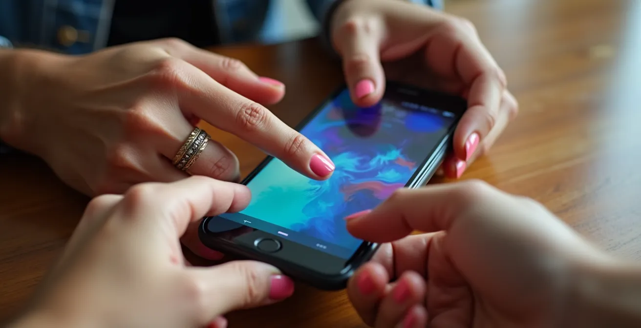 Nahaufnahme von Händen zweier Personen, die gemeinsam auf ein Smartphone schauen und eine Haushalts-App bedienen