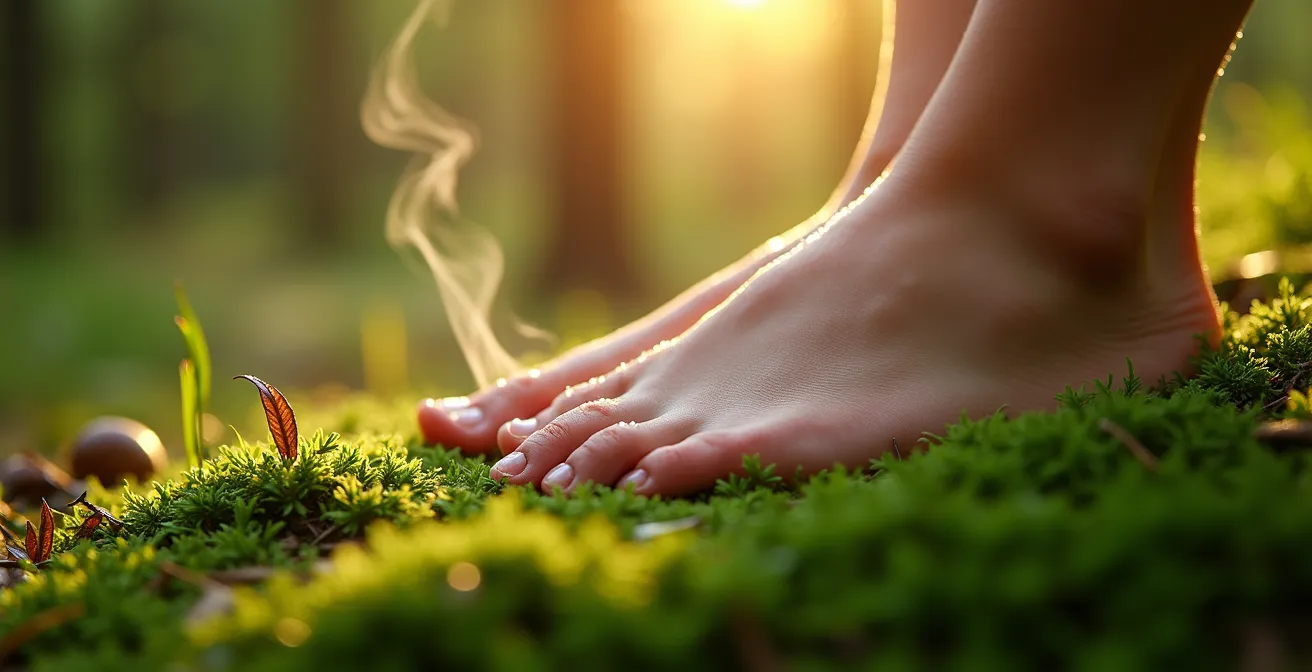 Barfüße auf moosbedecktem Waldboden im deutschen Heilwald