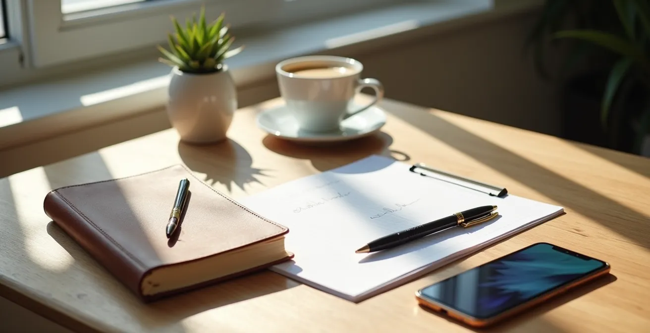 Eine minimalistische Szene zeigt ein Notizbuch und ein Smartphone auf einem Schreibtisch, was die Kombination aus analoger und digitaler Finanzplanung symbolisiert.