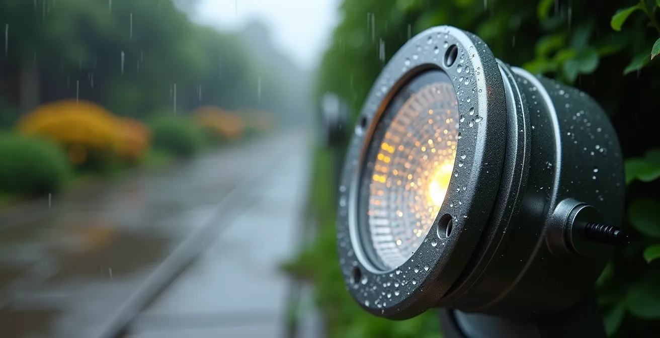 Nahaufnahme einer wetterfesten IP65-Bodeneinbauleuchte während starkem Regen mit Wassertropfen