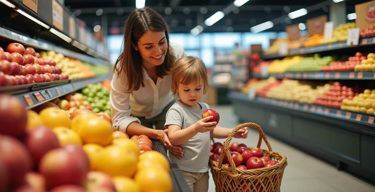 Familie beim Einkaufen im Supermarkt, Kind zählt Äpfel im Einkaufswagen