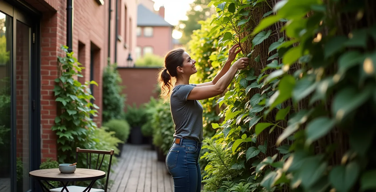 Eine Frau pflegt liebevoll einen vertikalen Garten mit blühenden Kletterpflanzen auf einer schmalen Reihenausterrasse.