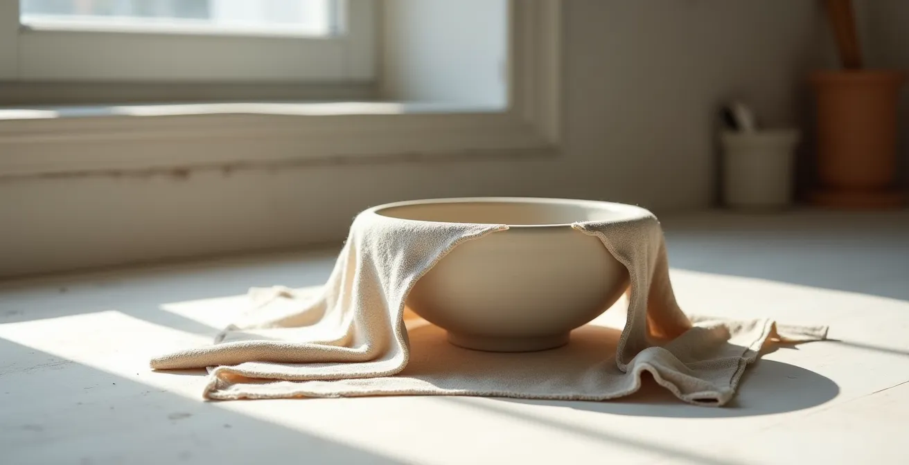 Eine Tonschale trocknet langsam und kontrolliert auf einer Gipsplatte, abgedeckt mit einem feuchten Tuch in einer minimalistischen deutschen Werkstatt.