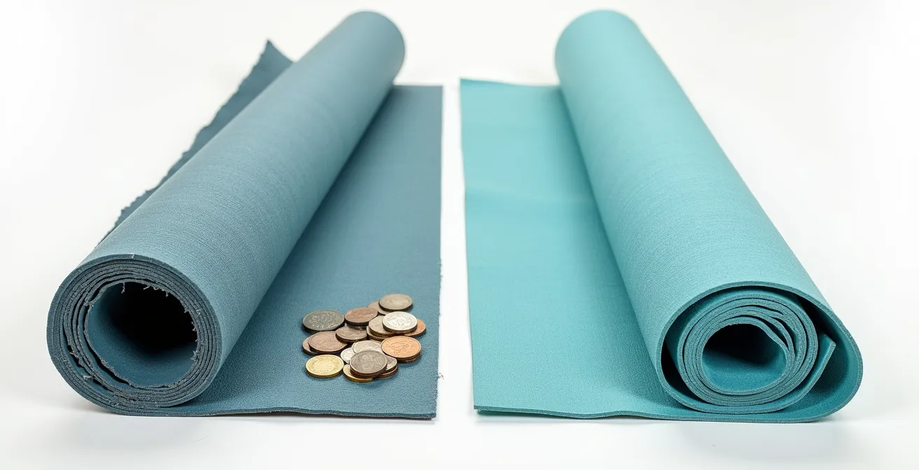 Vergleichsdarstellung einer abgenutzten, bröseligen Billigmatte neben einer neuwertig aussehenden, hochwertigen Yogamatte.