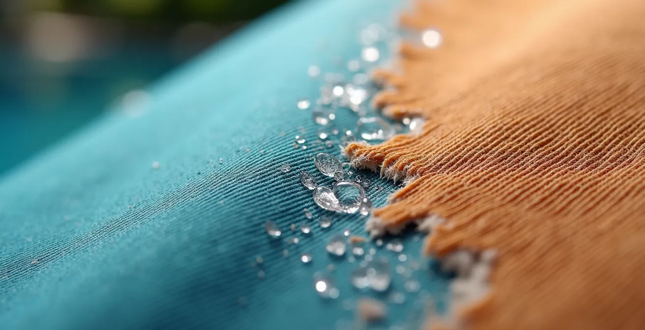 Extreme Nahaufnahme zeigt Faserschäden durch Hochdruckreiniger an Outdoor-Textilien
