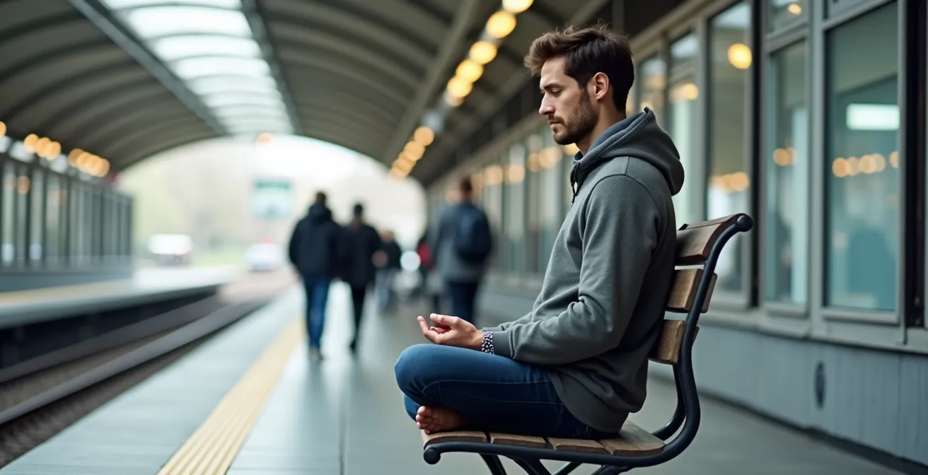 Meditierende Person nutzt Umgebungsgeräusche als Ankerpunkt für Achtsamkeit im urbanen Raum