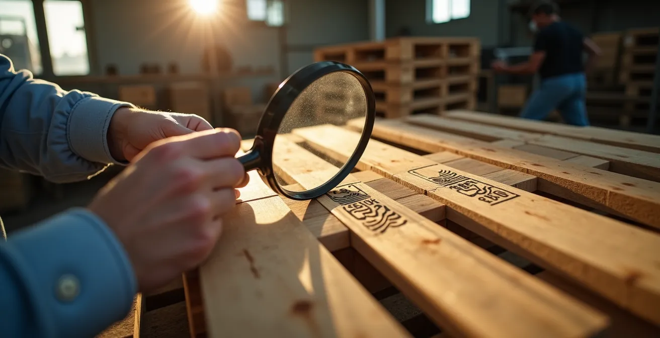 Detailaufnahme von Palettenstempeln mit HT und MB Markierungen