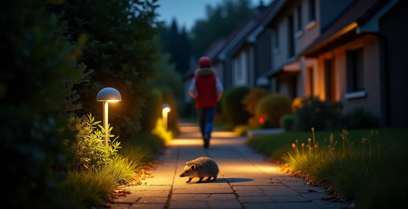 Seitenansicht eines beleuchteten Gartenwegs mit niedrigen Pollerleuchten und Bewegungsmelder-Erfassungsbereich