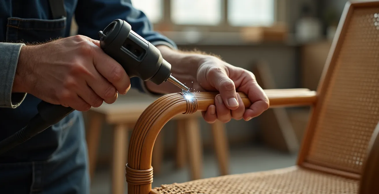 Professionelle Reparatur eines Polyrattan-Strangs mit Heißluftföhn