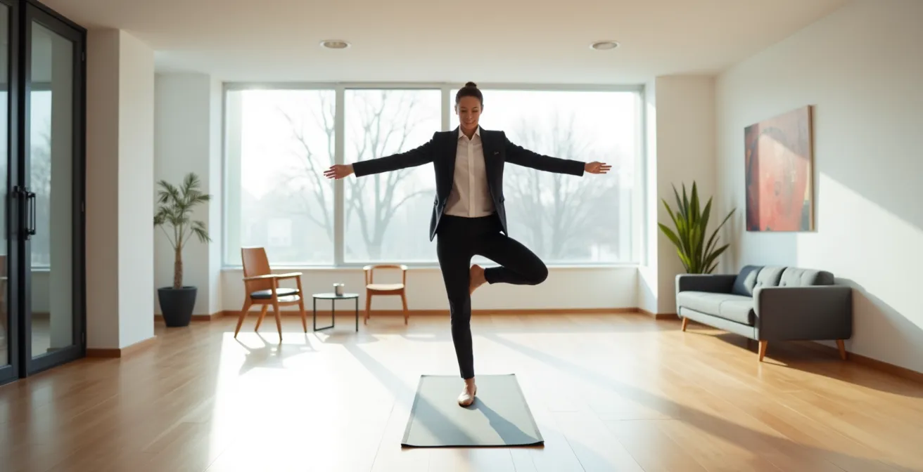 Eine Person in Businesskleidung übt den Einbeinstand mit geschlossenen Augen in einem modernen, hellen Büroraum.