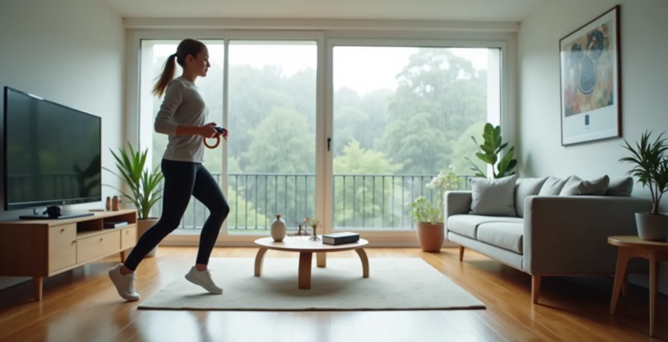 Jugendlicher trainiert mit Ring-Con Controller im heimischen Wohnzimmer