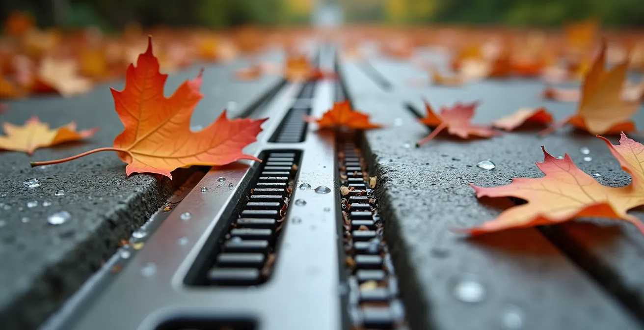 Detailaufnahme verschiedener Terrassenentwässerungssysteme mit Herbstlaub