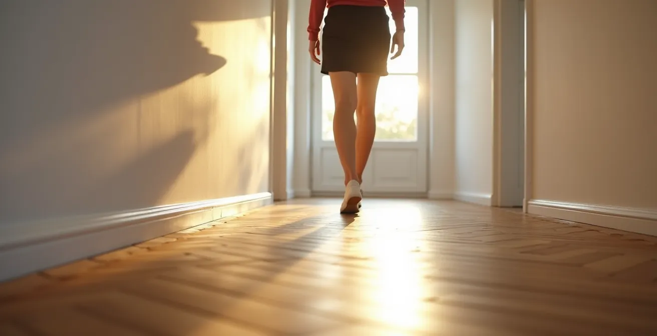 Ein schmaler, moderner Flur, in dem der Bodenbelag diagonal verlegt wurde, um den Raum optisch zu weiten und die Wärme der Fußbodenheizung zu genießen.