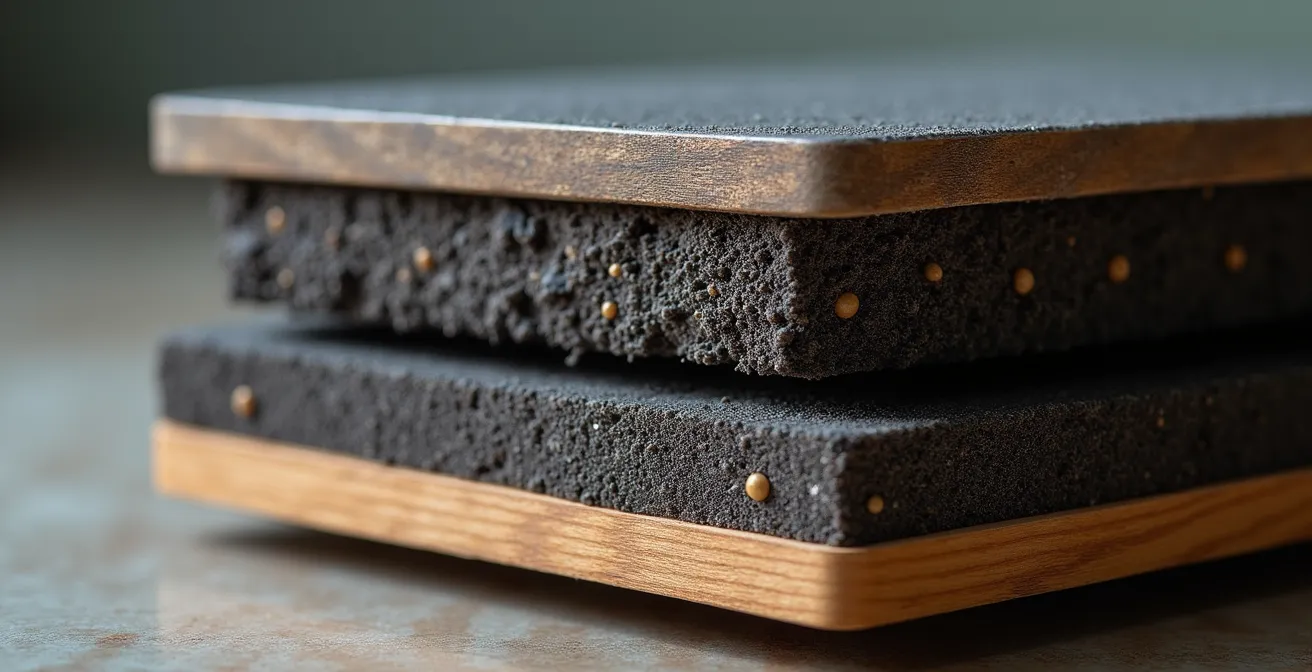 Detailaufnahme einer schwimmenden Hantelplattform mit Sandwich-Aufbau zur Schallentkopplung.