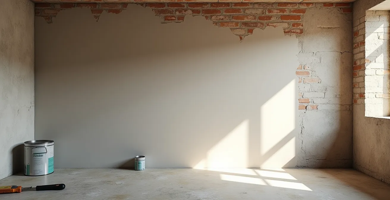 Kellerraum mit frisch aufgetragener Silikatfarbe auf mineralischem Untergrund, was die atmungsaktive Wirkung unterstreicht.