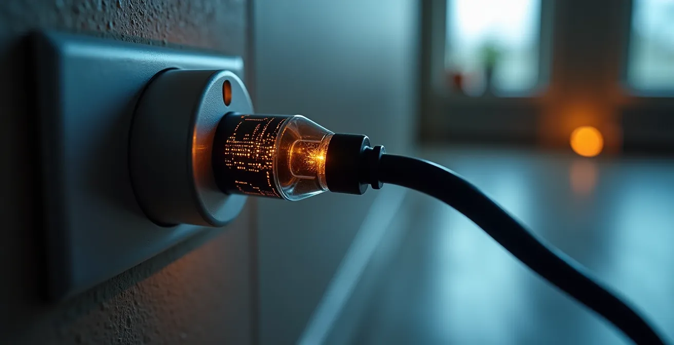 Ein Strommessgerät in einer Steckdose zeigt den versteckten Stromverbrauch eines Geräts an.