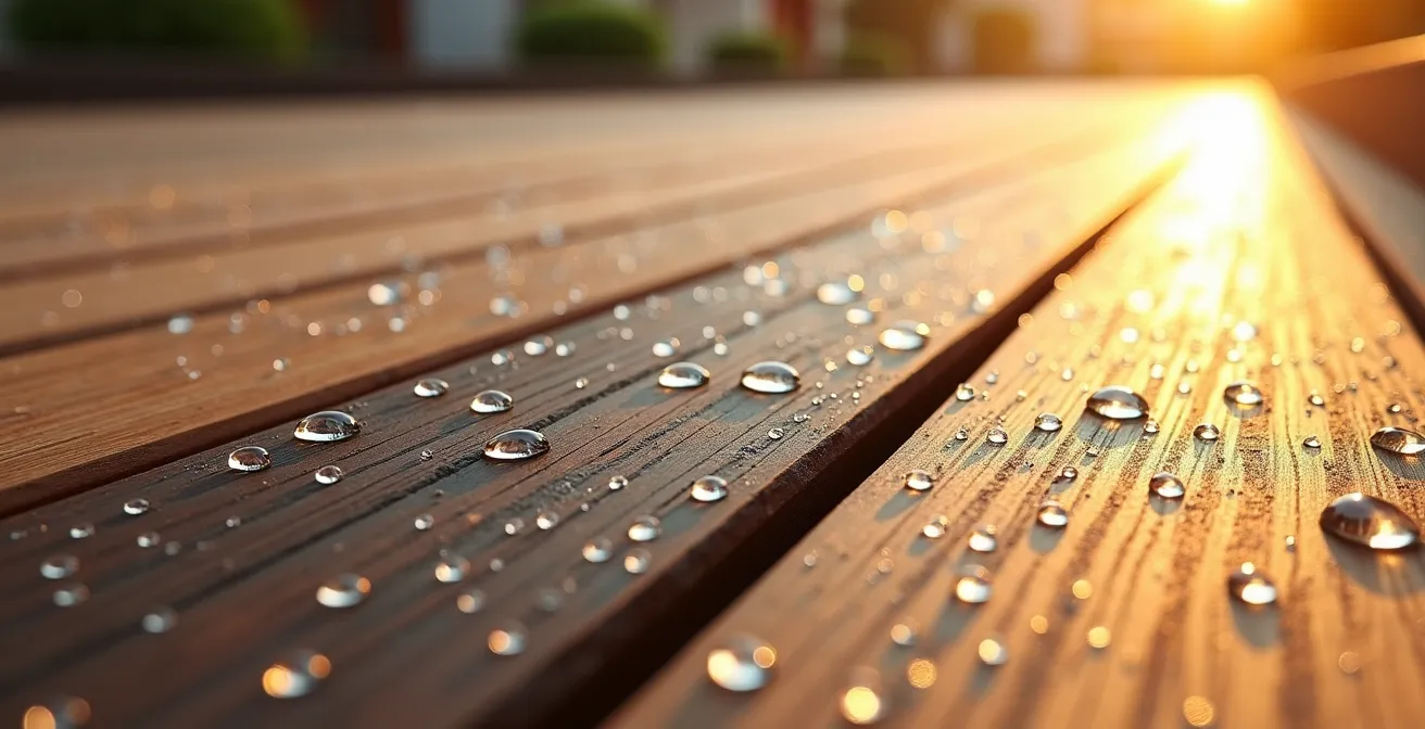 Makroaufnahme verschiedener Terrassenbeläge bei direkter Sonneneinstrahlung, die die Textur von hellem Holz und dunklem WPC vergleicht.