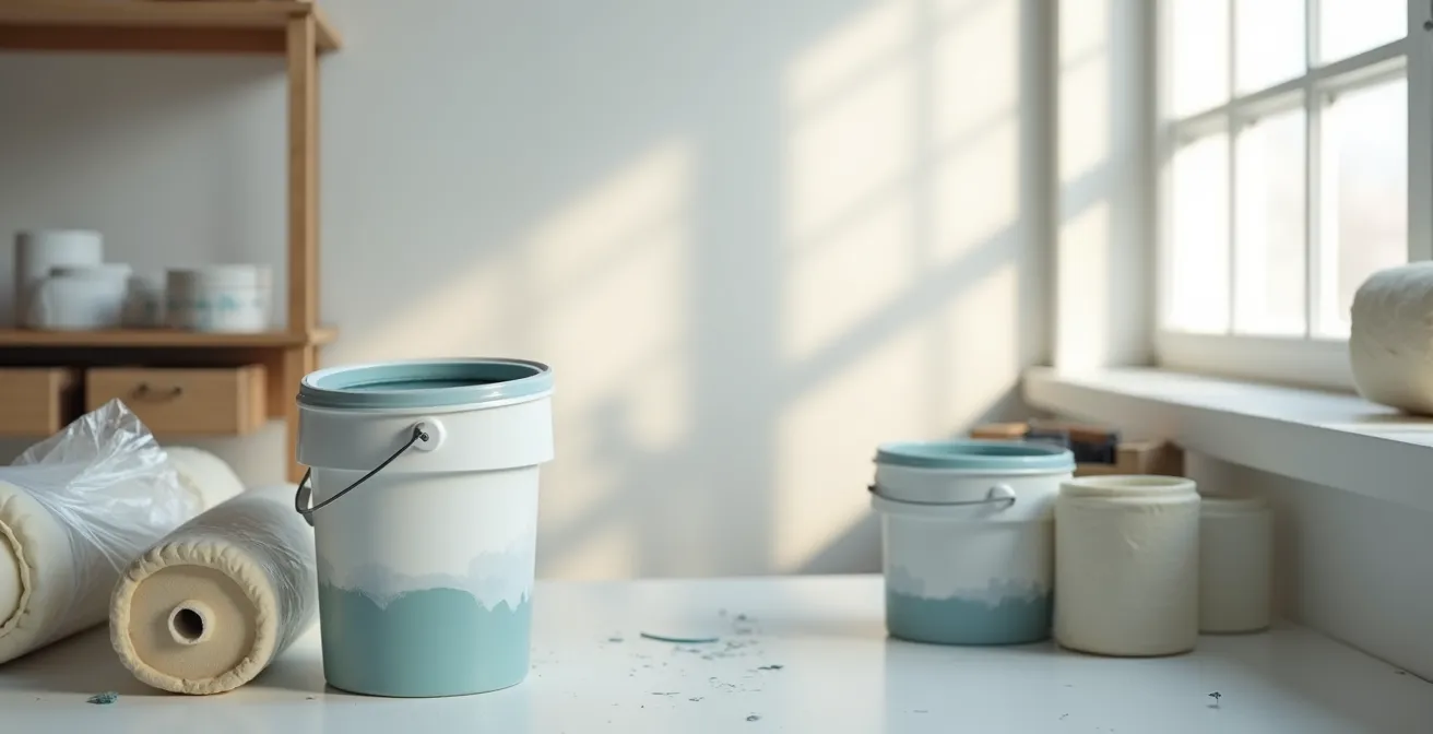 Anordnung von Farbeimern mit Sedimentschichten und eingewickelten Farbrollen in Frischhaltefolie