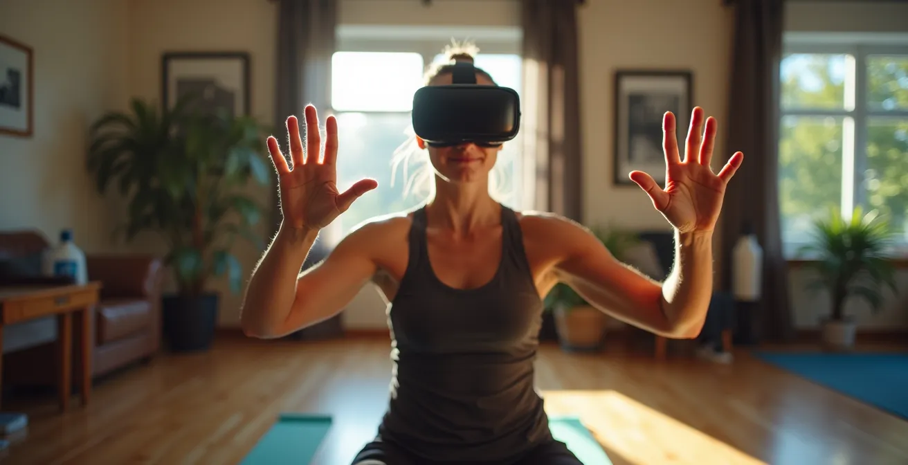 Person beim intensiven VR-Fitness-Training mit sichtbarer Bewegungsdynamik in hellem Trainingsraum